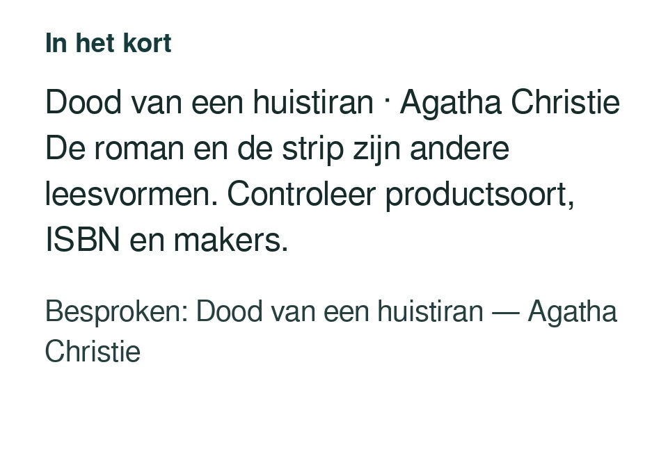 Dood van een huistiran · Agatha Christie De roman en de strip zijn andere leesvormen. Controleer productsoort, ISBN en makers. Besproken: Dood van een huistiran — Agatha Christie.