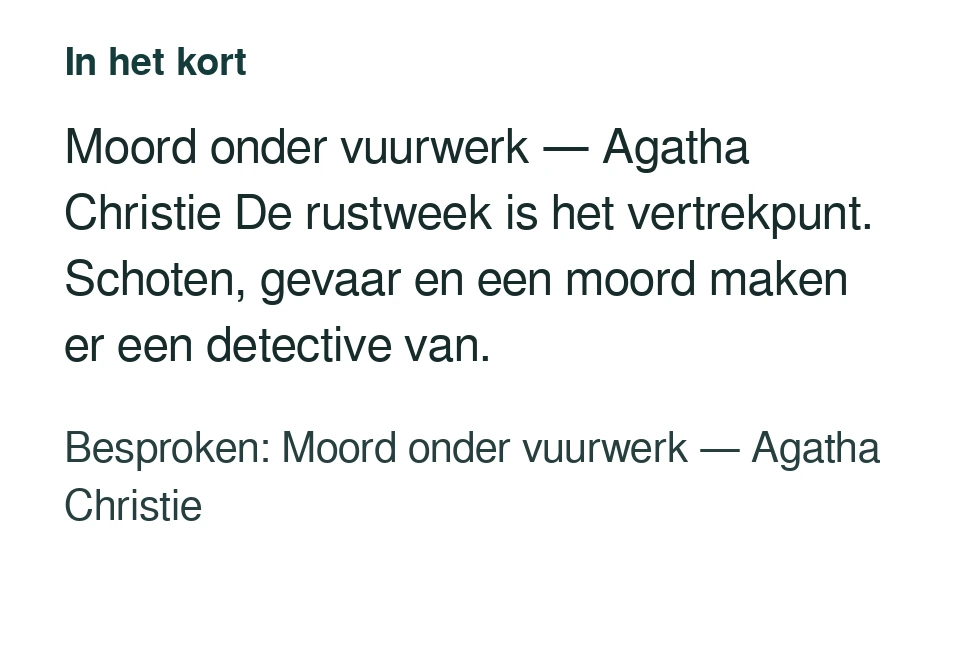 Moord onder vuurwerk — Agatha Christie De rustweek is het vertrekpunt. Schoten, gevaar en een moord maken er een detective van. Besproken: Moord onder vuurwerk — Agatha Christie.